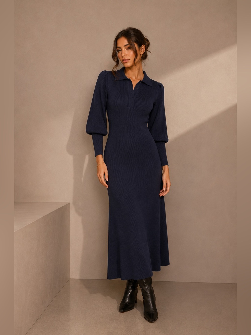 Commense Midnight Navy Collared Puff-Sleeve Maxi Dress